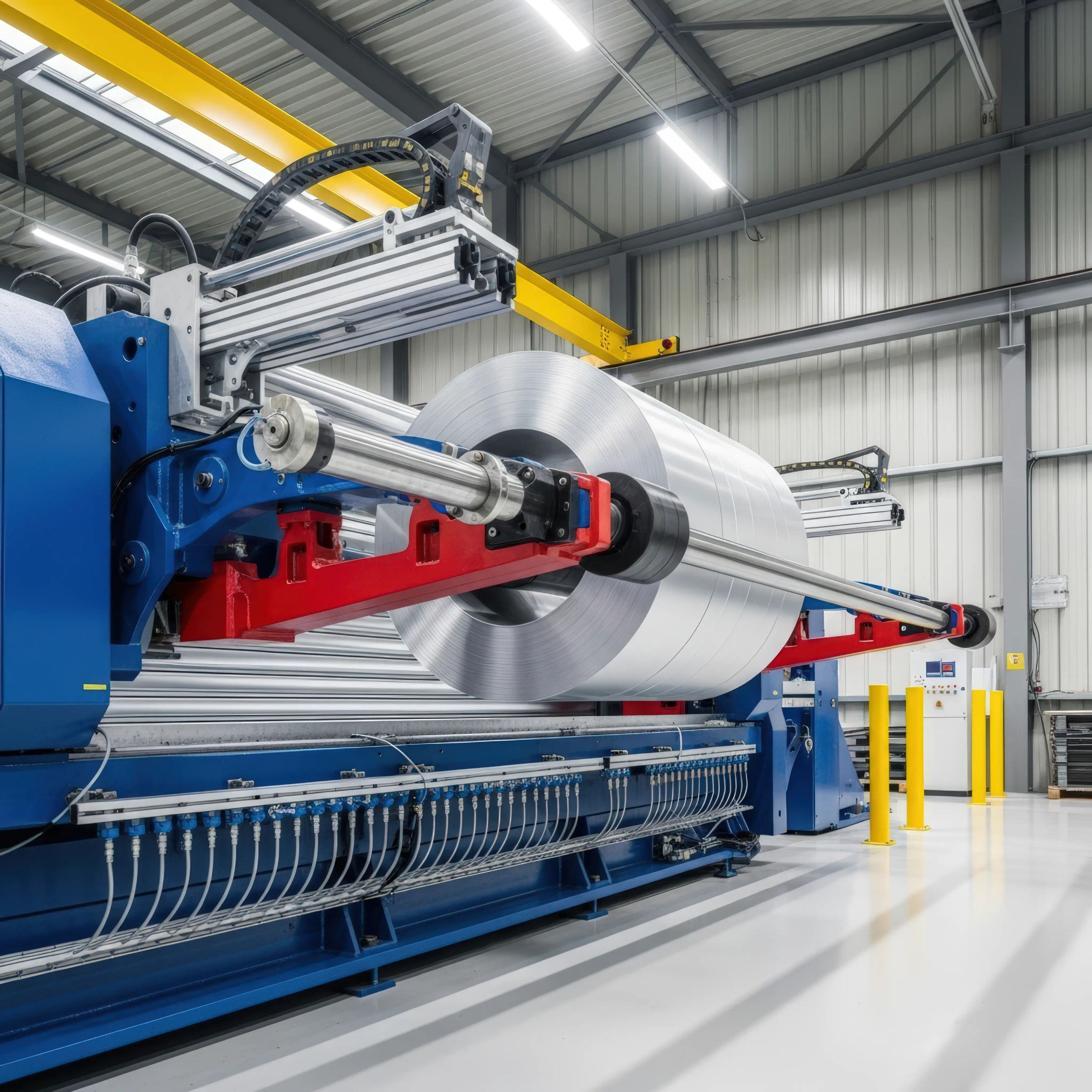 Coilswift twin-head uncoiler feeding a roll-forming line in a factory hall